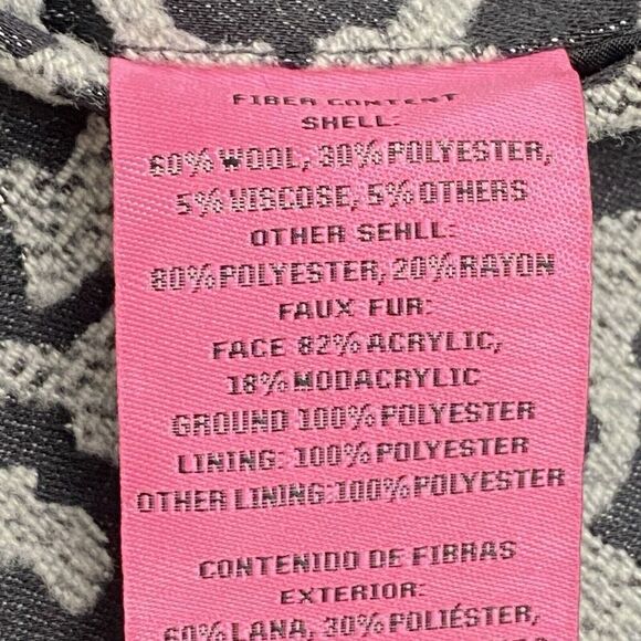 Betsy Johnson Black Snow Leopard Print Reversible Coat Wool Blend Women's Large - Picture 8 of 13